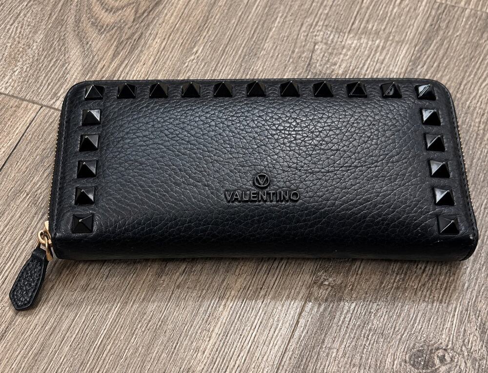 Valentino Womens Stud Black Zip-Around Wallet Studded Pebbled Calf Skin